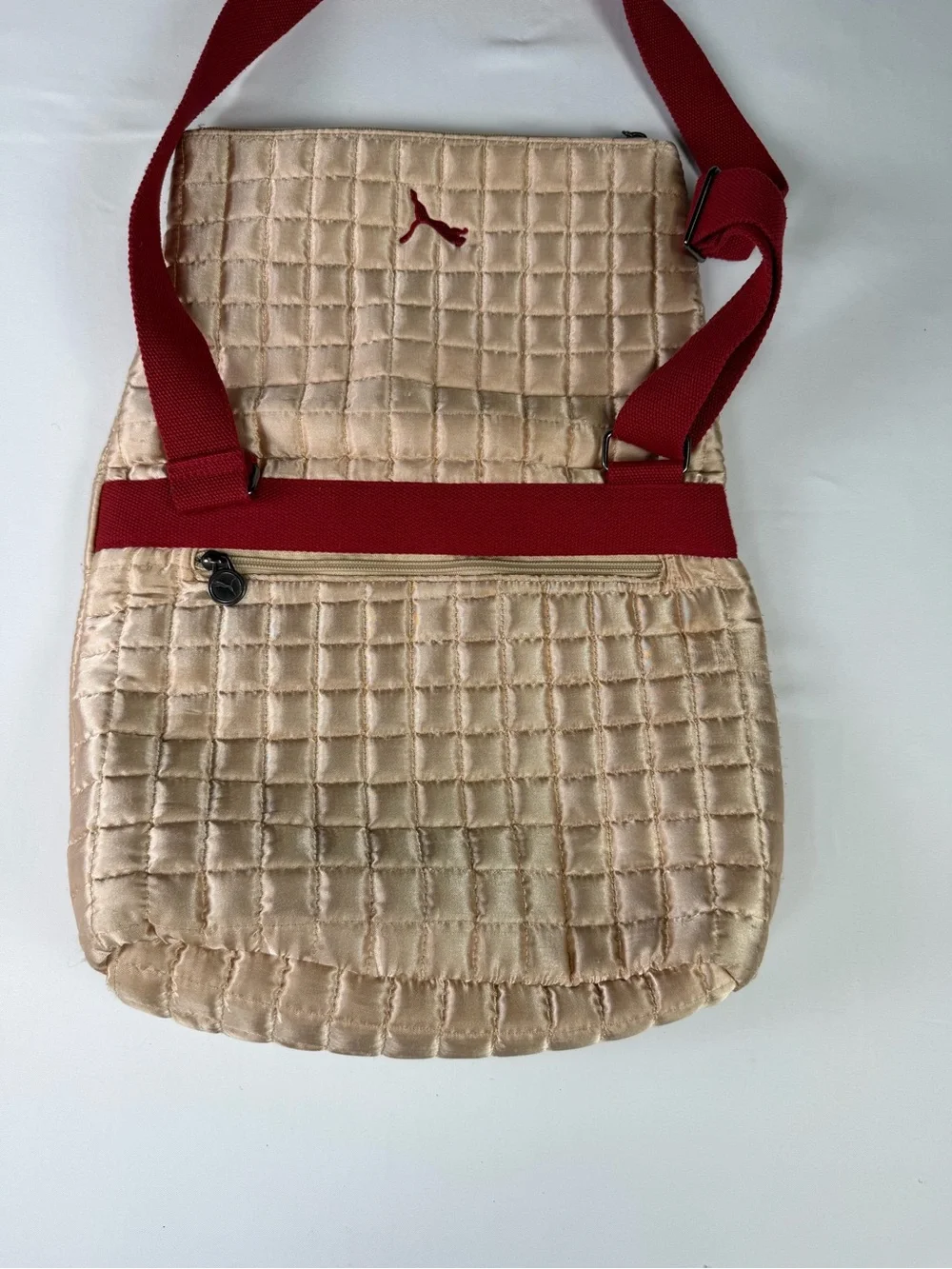 Vintage Puma Quilted Crossbody Bag in Champagne with Red Strap- Classic Puma